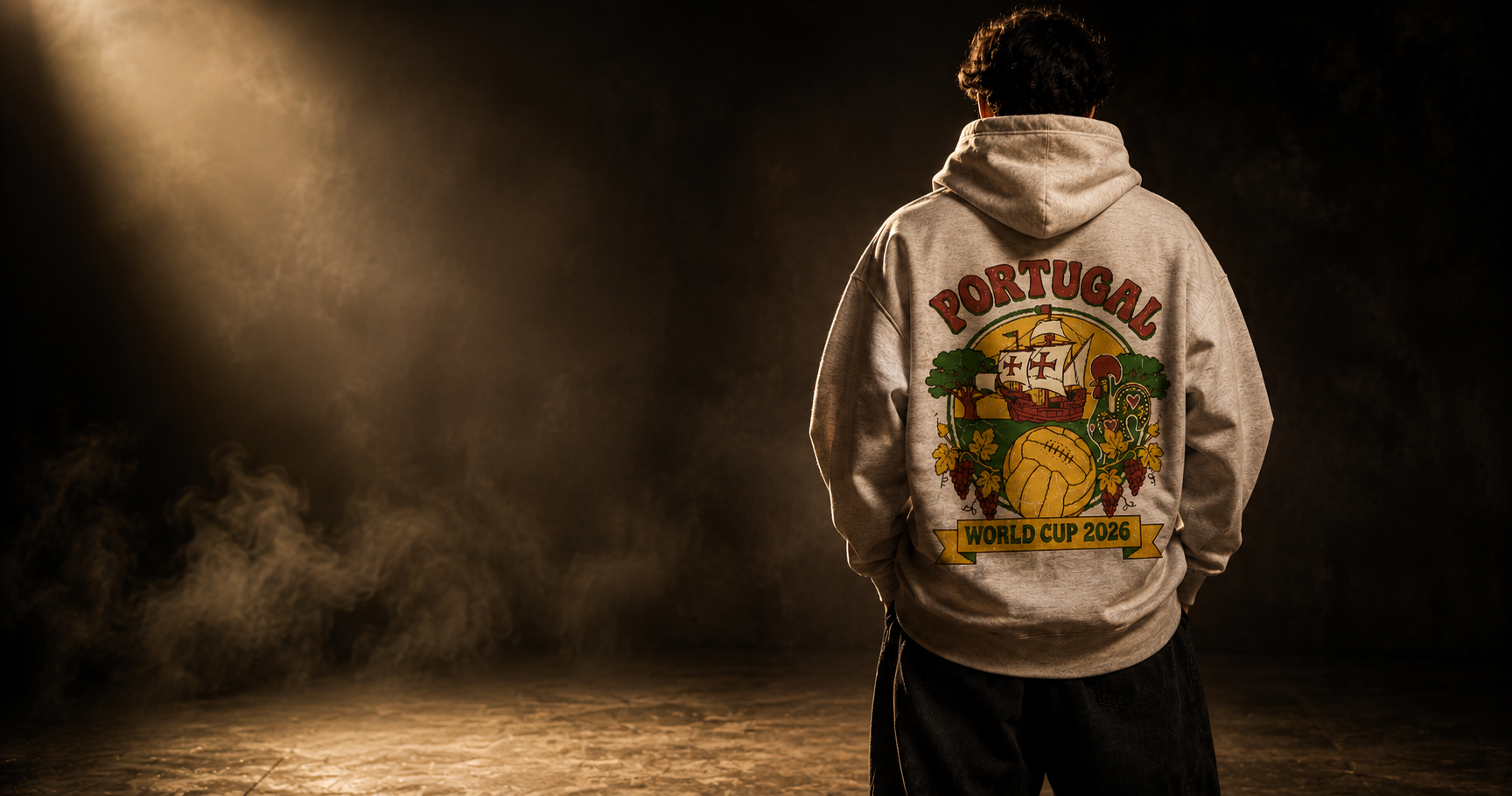 Back view of a Portugal World Cup 2026 hoodie in a dramatic studio setting