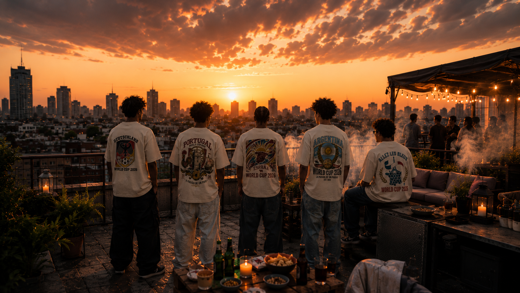 Football supporters in national World Cup shirts gathering on a rooftop at sunset