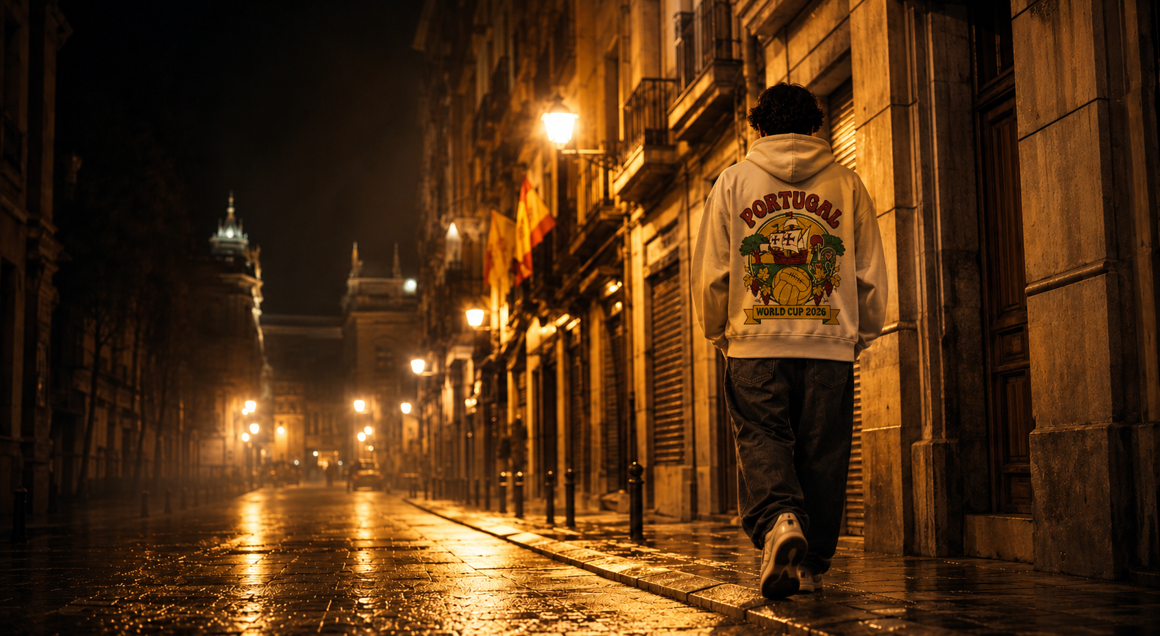 Person walking through a historic street wearing a Portugal World Cup 2026 hoodie at night