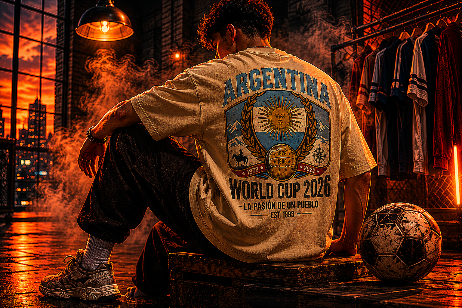 Close-up of an Argentina World Cup 2026 streetwear shirt in a moody football studio