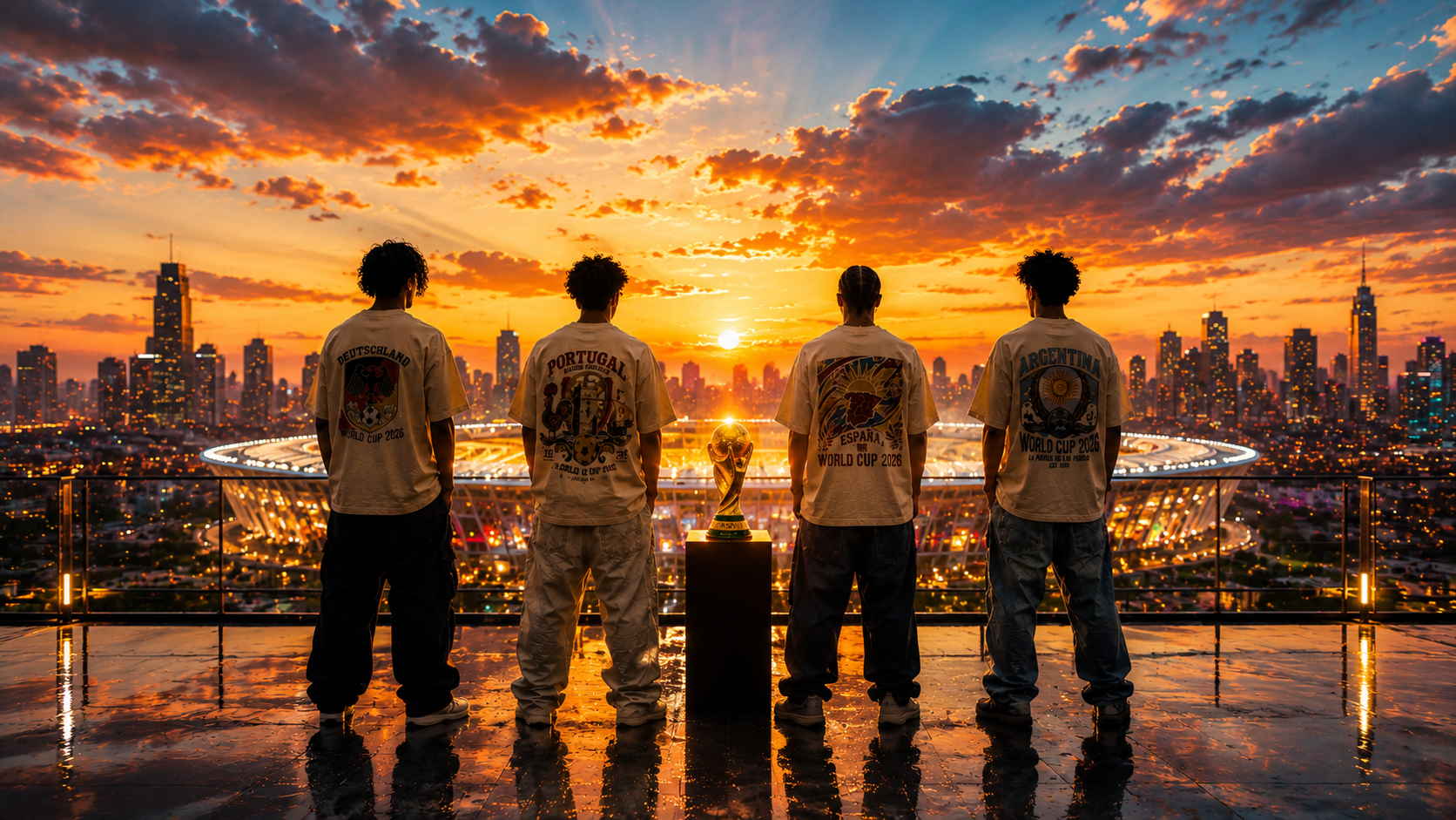 Fans wearing national team World Cup shirts overlooking a lit stadium at golden hour